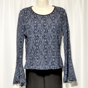 VTG INC Blue & Black Lace & Long Ruffle Bell Sleeve Pop Over Blouse (L)